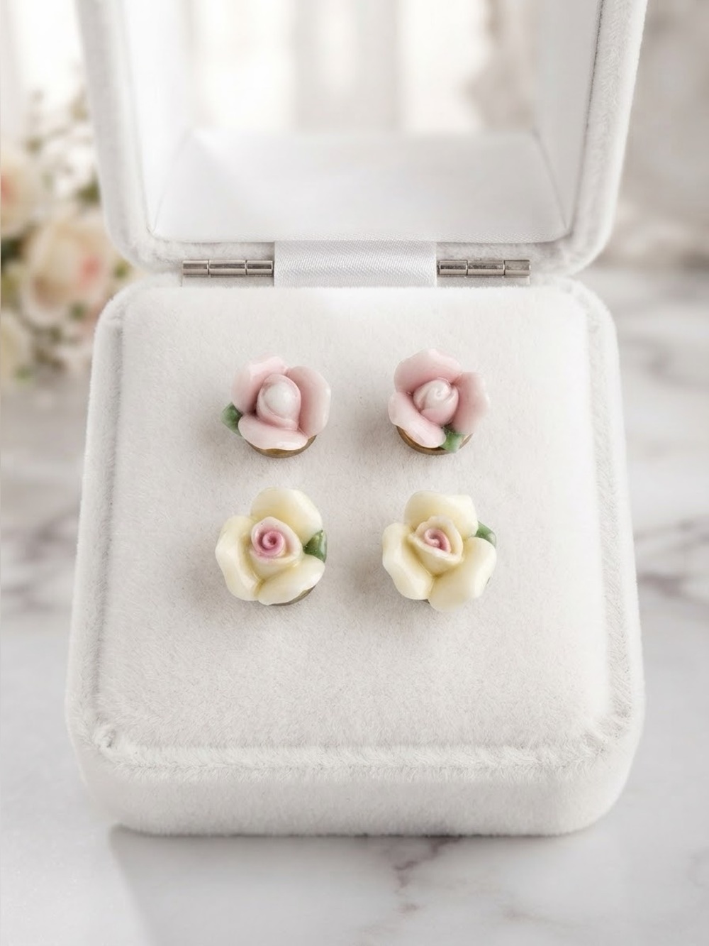 Vintage Porcelain Rose Stud Earrings Set | Pink & Yellow Floral Gift Box
